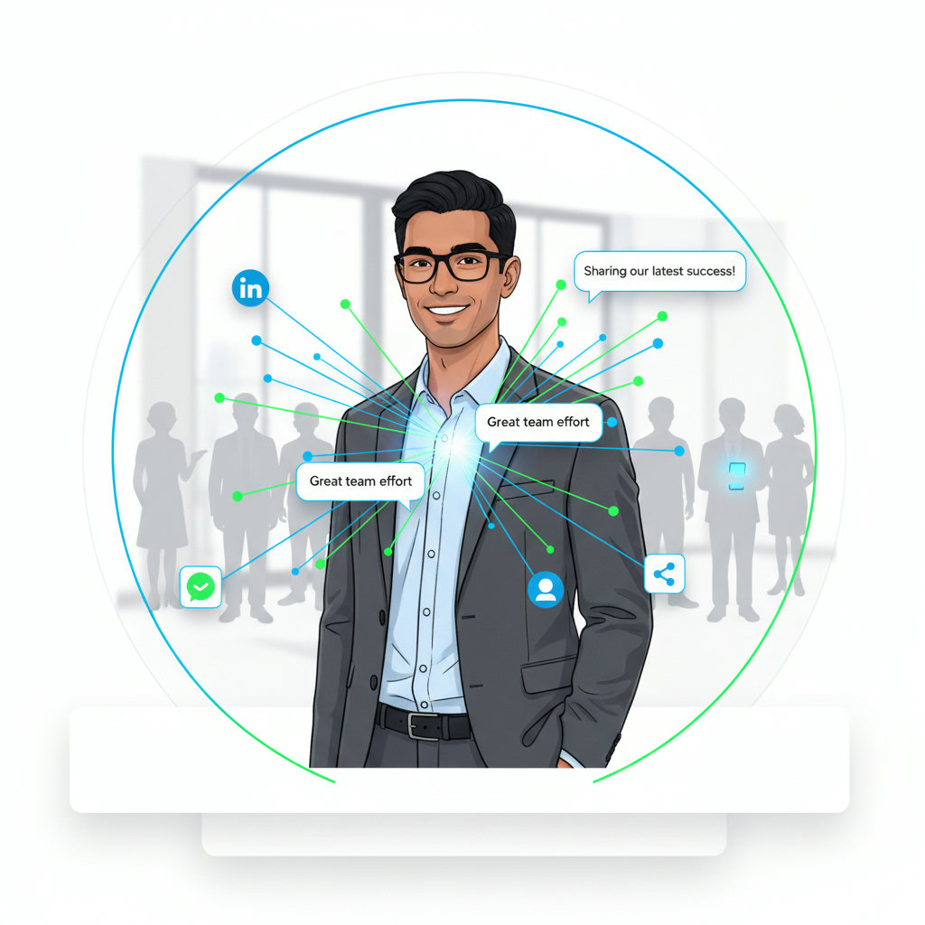 An image illustrating the concept of employee advocacy in the digital age. It should show a person (representing an employee) speaking or sharing information, with digital elements like social media icons, speech bubbles, or network connections emanating from them, reaching a diverse audience. The background could subtly suggest a corporate or professional setting, but the focus is on the individual's authentic voice in a digital space.