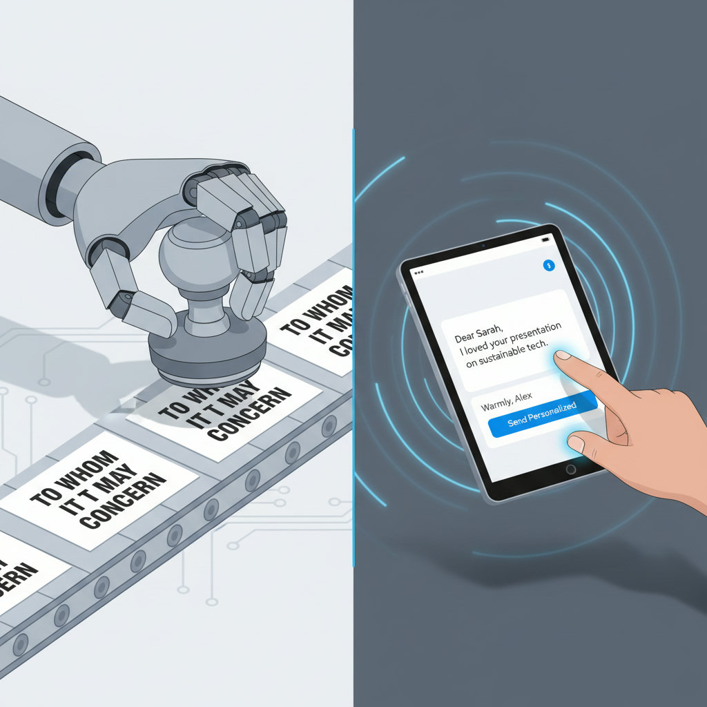An image showing the contrast between generic, mass-produced communication and personalized, human-like messages. One side could be a robotic hand or a generic stamp producing identical, uninspired messages. The other side could be a human hand, possibly with a subtle digital glow, crafting a unique, warm message (e.g., a handwritten letter or a personalized digital message), symbolizing the balance of authenticity and efficiency Skail offers.