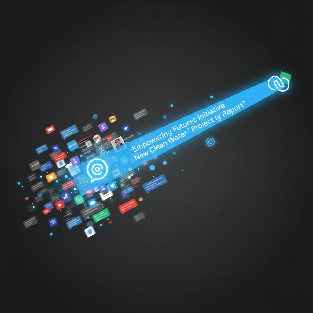 An image depicting a non-profit's message, represented as a clear, focused beam of light, cutting through a chaotic, noisy digital landscape filled with fragmented information, social media feeds, and various digital distractions. It should convey the challenge of getting a message heard amidst digital clutter.