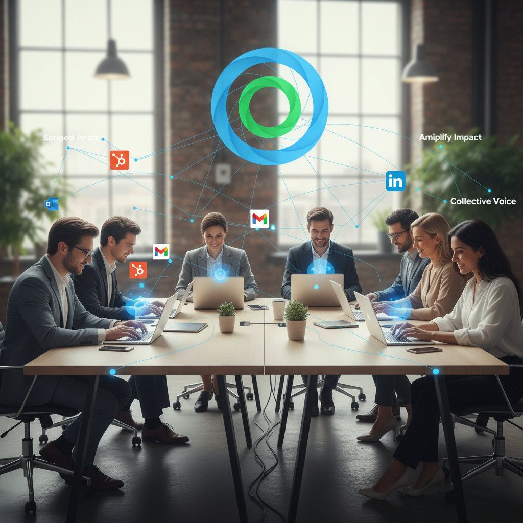 A visual representation of an 'army' or 'chorus' of brand ambassadors or empowered employees, collectively amplifying a message. They could be depicted as individuals using various digital tools (phones, laptops) to share content, forming a network that expands the reach of the non-profit's mission.