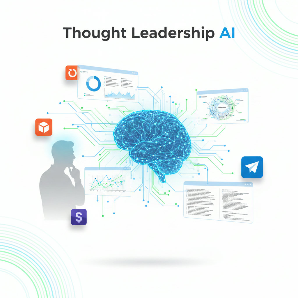 A visual concept for 'Thought Leadership AI', depicting AI elements (like data visualizations, neural networks, or code) working in conjunction with human thought (represented by a stylized brain or a person contemplating) to produce insightful and influential content.