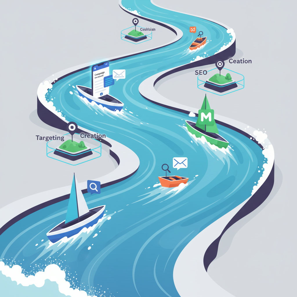 Visualize the dynamic and rapidly changing nature of modern marketing, perhaps as a wild river or whitewater rapids, with various marketing elements represented as boats or landmarks navigating the current.