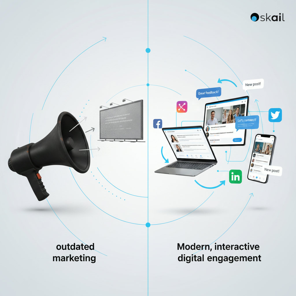 Show a clear contrast between outdated, one-way traditional marketing methods (like a megaphone or a single billboard) and modern, two-way, interactive digital engagement (represented by connected devices, social media icons, and dialogues).