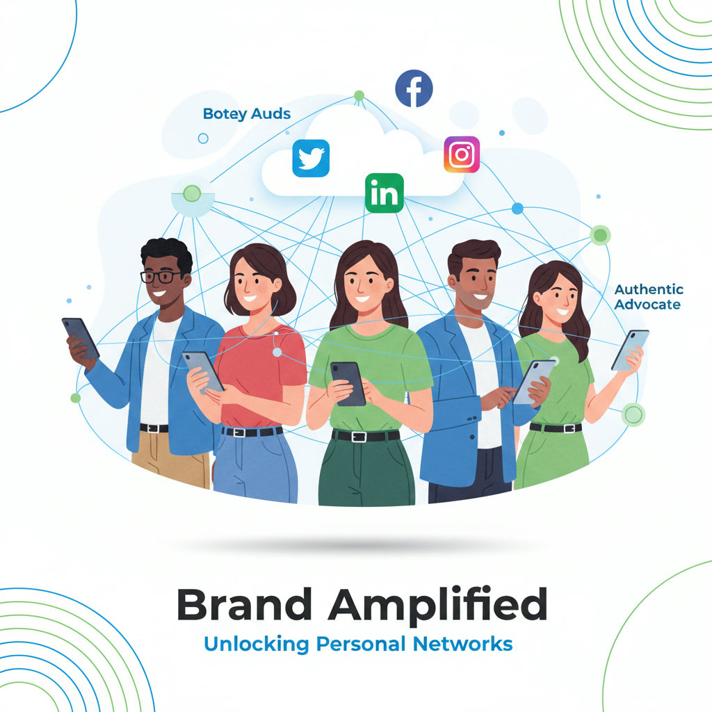 Illustrate brand amplified marketing by showing multiple diverse employees sharing a brand's message through their personal networks (represented by connecting lines or a web), leading to a broader, more authentic reach. Emphasize their role as 'authentic advocates'.