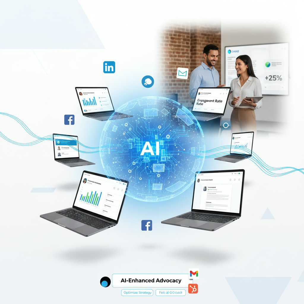 Depict AI as a powerful force (e.g., glowing circuitry, a smart assistant, or a guiding light) enhancing human-centric marketing, showing how it optimizes strategy, automates tasks, and personalizes communication for employee advocacy.