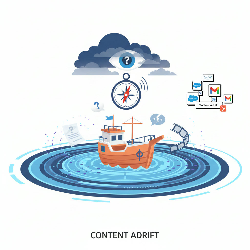 An image illustrating the concept of content being aimless and ineffective without a clear understanding of the audience and brand. Perhaps a ship without a compass, or content floating lost in a digital sea.