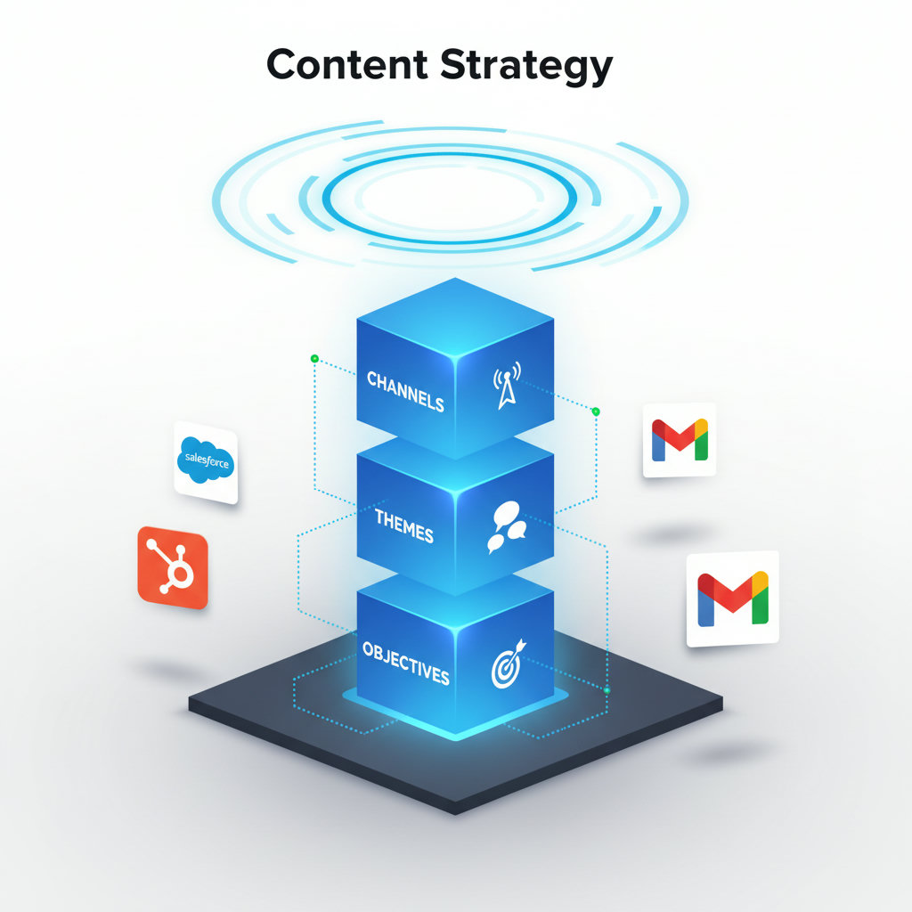 A visual representation of the pillars of a content strategy, transforming insights into actionable plans. This could be a solid structure with different elements labeled: objectives, themes, channels.
