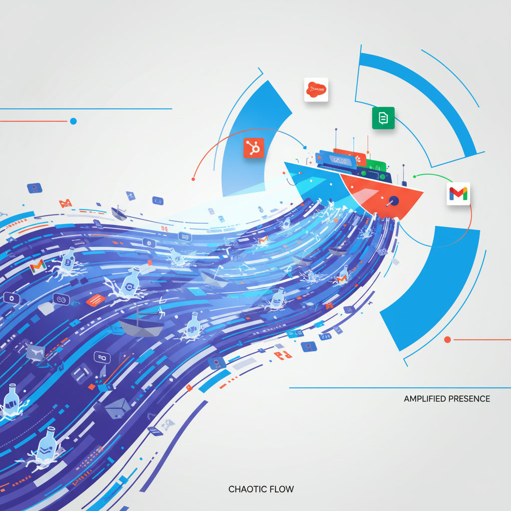 An image illustrating the concept of content 'floating out there' in a 'raging, exhilarating whitewater rapids' digital landscape. This could involve content (e.g., small boats, messages in bottles) adrift and struggling amidst chaotic, fast-moving digital currents, contrasting with a strong, amplified presence.