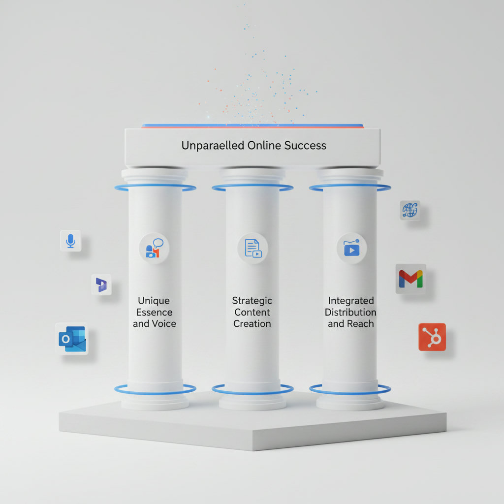 Visualize the 'Core Pillars of Brand Amplified Marketing Strategy' as actual architectural pillars or foundational elements supporting a robust structure. Each pillar could be labeled with 'Unique Essence and Voice', 'Strategic Content Creation', and 'Integrated Distribution and Reach', leading to 'Unparalleled Online Success'.