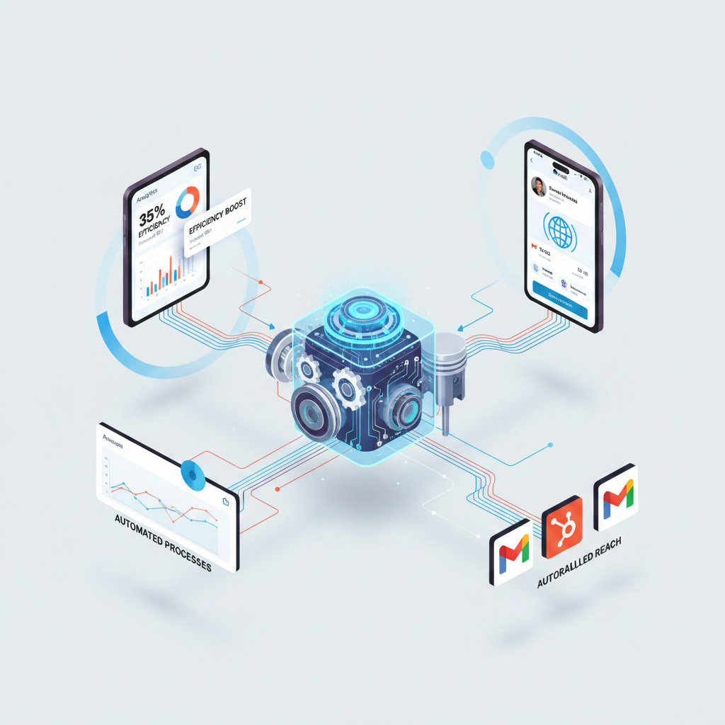 Depict AI as an 'engine that powers efficiency, insights, and unparalleled reach' in marketing. This could show gears, circuits, or a futuristic engine driving data streams, analytics dashboards, and automated processes, all contributing to a brand's amplified presence.