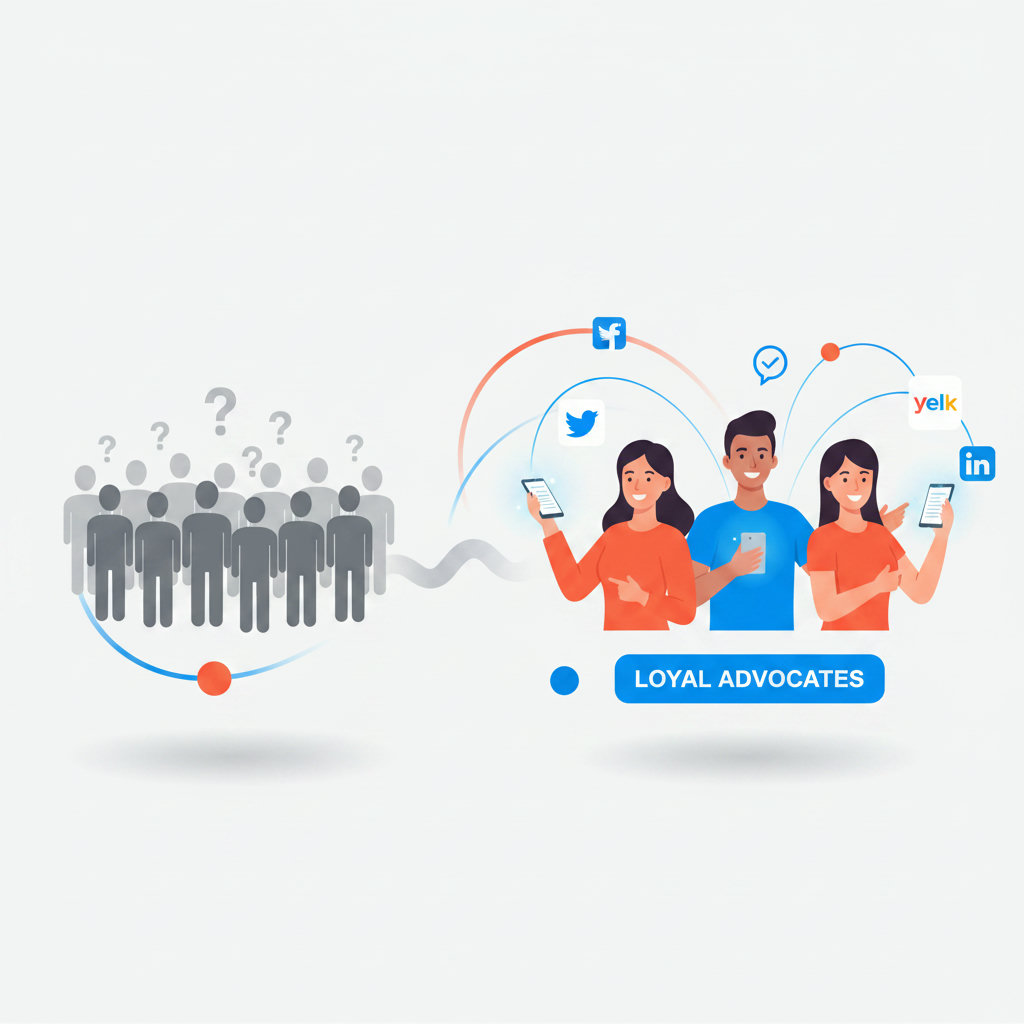 An image showing the transformation of 'casual browsers into loyal advocates' and 'champions'. This could be a visual progression from an anonymous crowd to a smaller, enthusiastic group actively promoting a brand, perhaps with speech bubbles or glowing connections radiating from them.