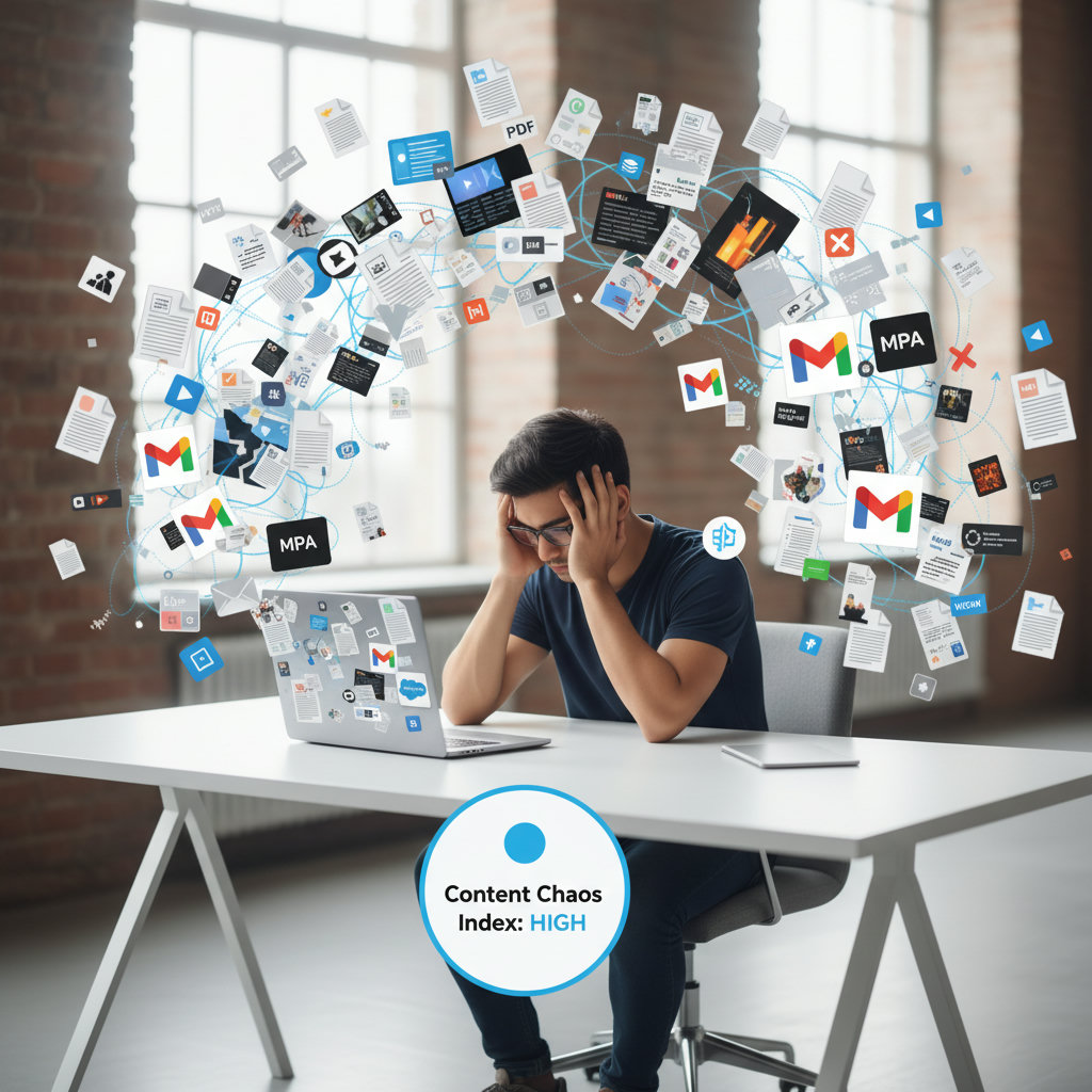 A visual representation of 'content chaos' with scattered files, documents, images, and videos in a disorganized, tangled manner, perhaps with a marketer looking overwhelmed amidst the digital clutter.