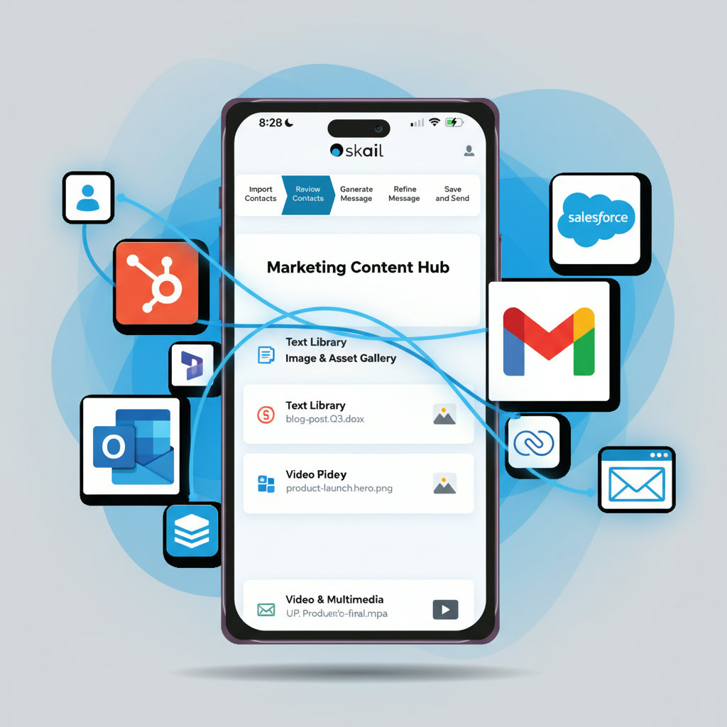 An image depicting a 'marketing content hub' as a central, organized platform where various content types (text, images, video) are neatly stored and interconnected, perhaps with spokes radiating out to different distribution channels.
