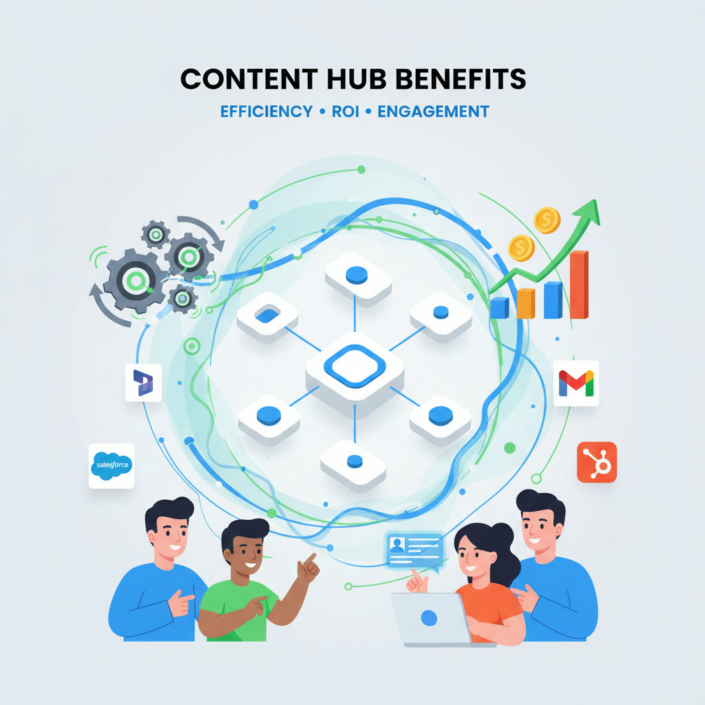 An illustration showing the tangible benefits of a content hub, such as increased efficiency (gears turning smoothly), improved ROI (upward trending graph or money symbols), and enhanced engagement (people interacting positively with content).