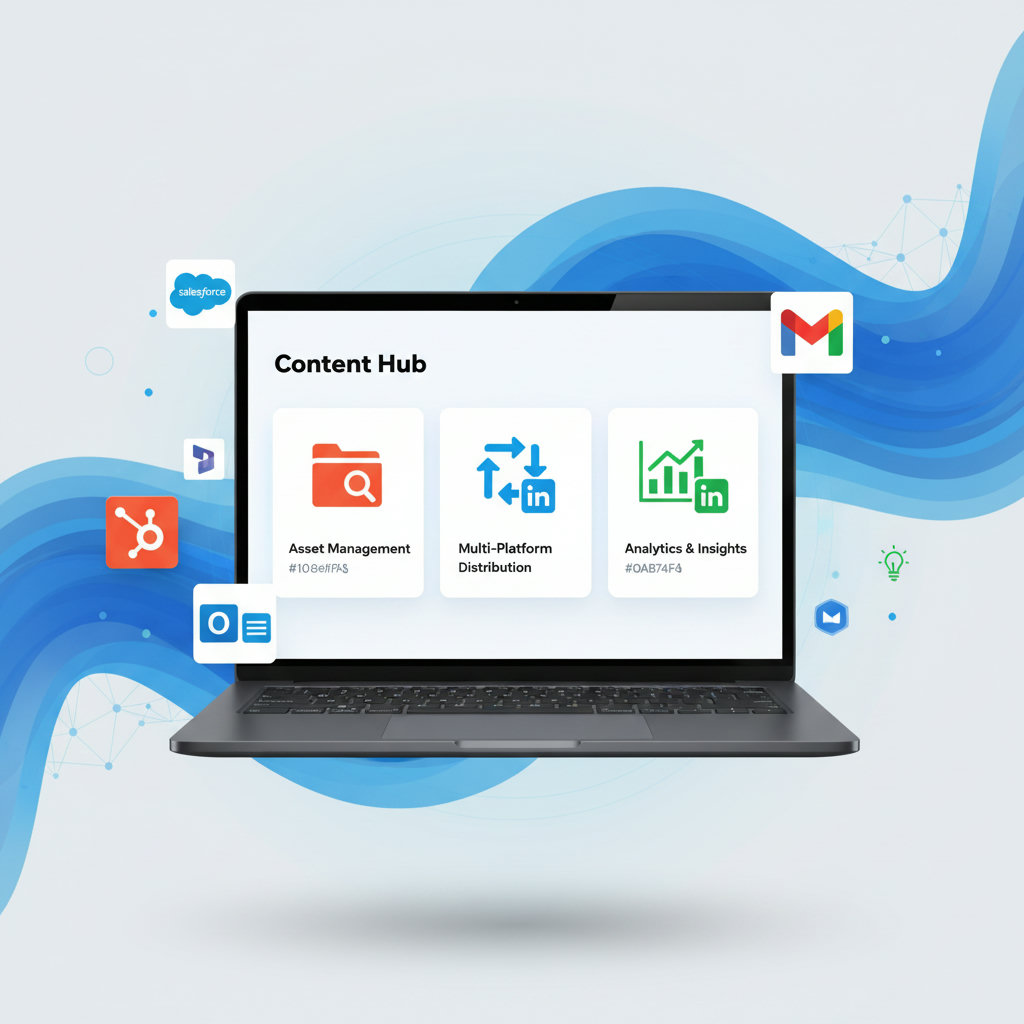 A representation of 'key features' of a content hub, perhaps as a control panel or dashboard with icons for asset management, multi-platform distribution, and analytics/performance insights.