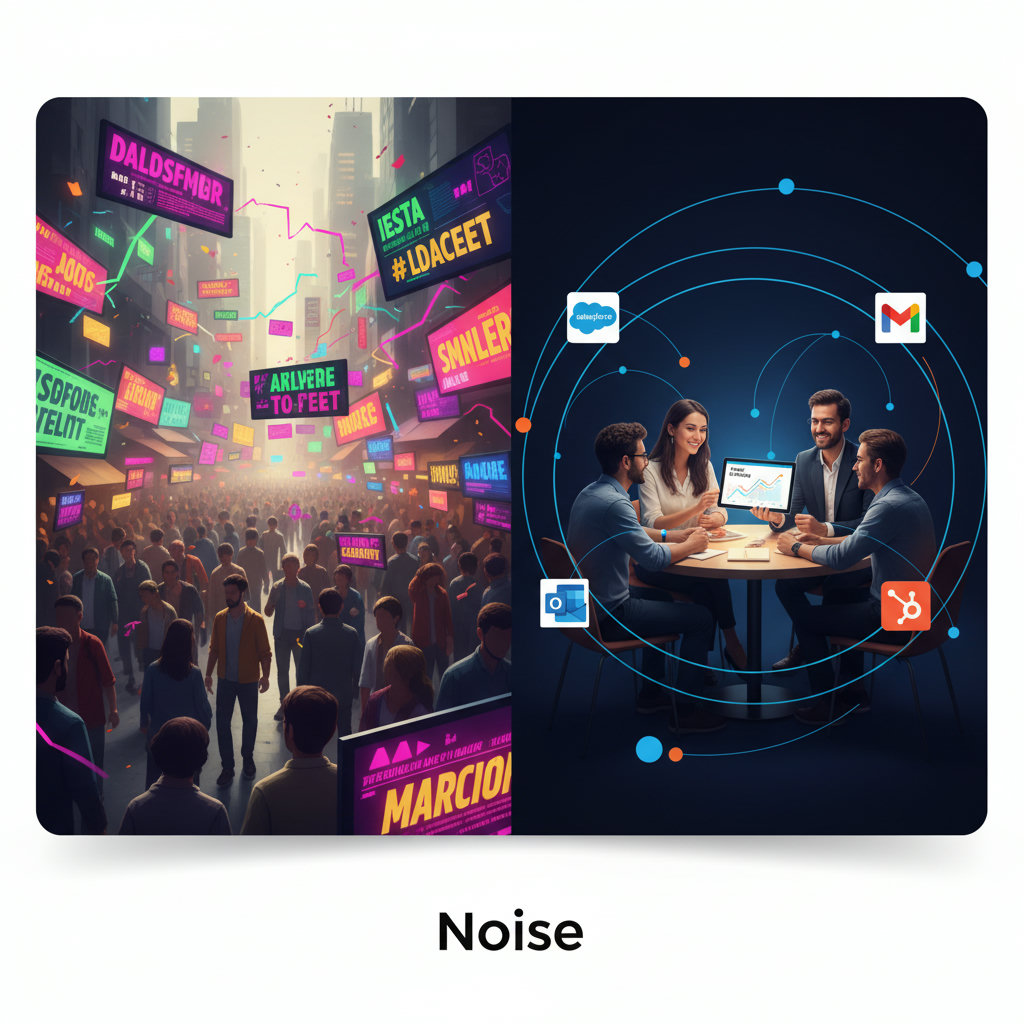 A bustling, chaotic marketplace filled with bright, loud advertisements and people trying to shout over each other, contrasting with a calm, inviting space where a person is quietly sharing a story with a small, engaged group. The contrast should highlight 'noise' versus 'connection'.