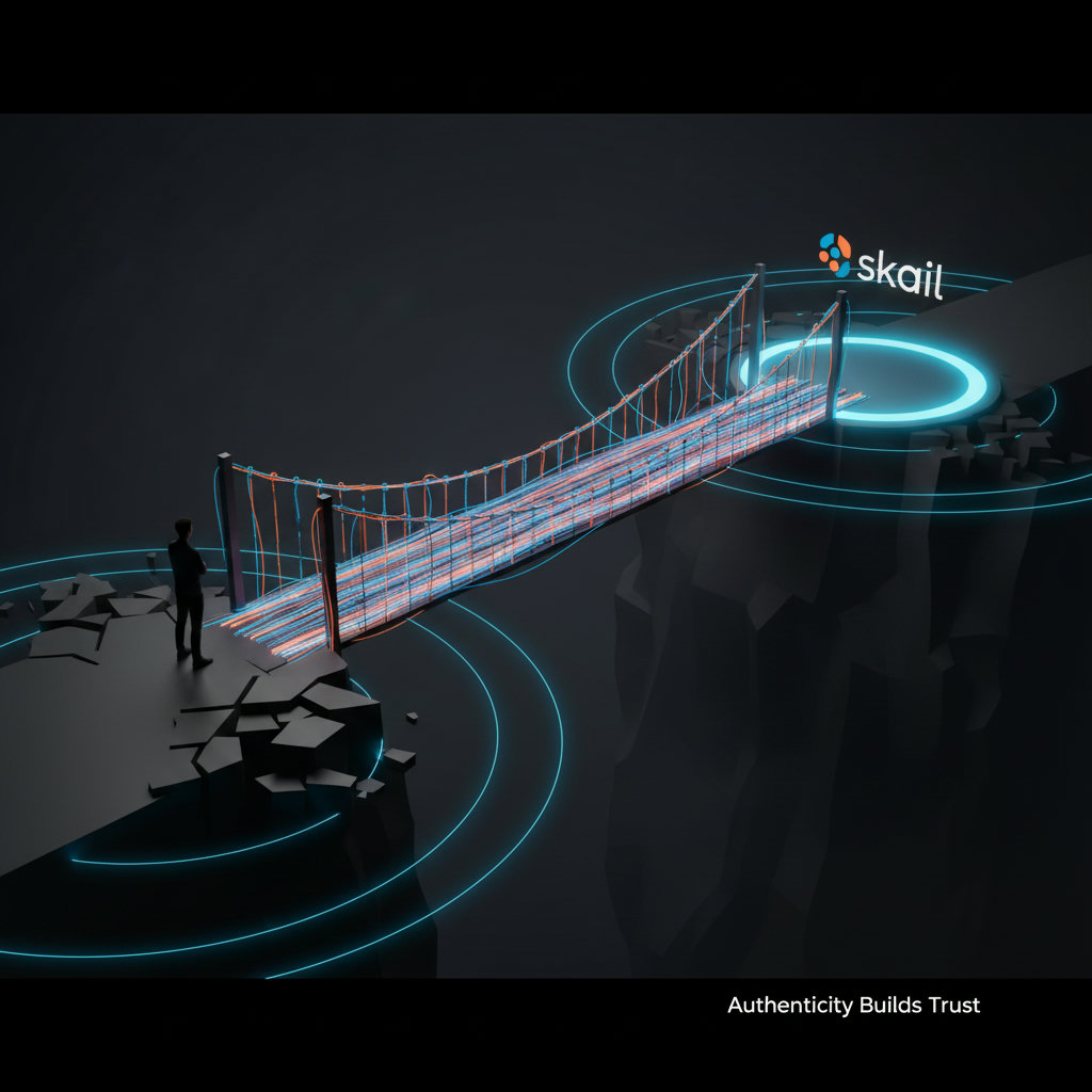 Visualize a bridge made of glowing, interconnected narrative threads, spanning a wide chasm between a skeptical consumer and a transparent, approachable brand logo or symbol. The bridge represents 'trust' built through 'authenticity'.