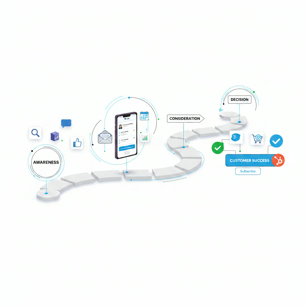 A winding path or journey, perhaps with different stages or signposts, illustrating how content guides customers from initial awareness to consideration and ultimately, decision.