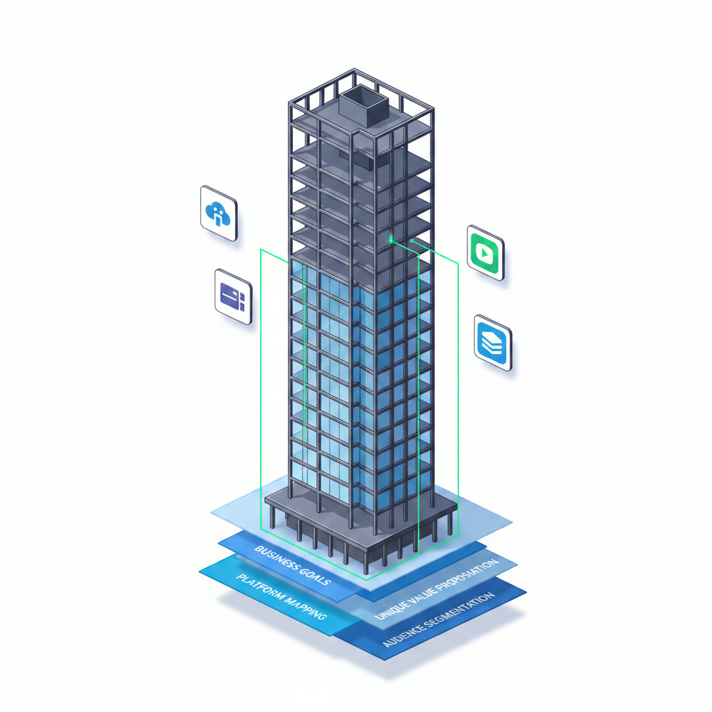 A digital skyscraper or building under construction, with 'blueprints' representing the content strategy foundation (audience segmentation, platform mapping, business goals, unique value proposition) at its base, showing a clear, structured approach to building content.