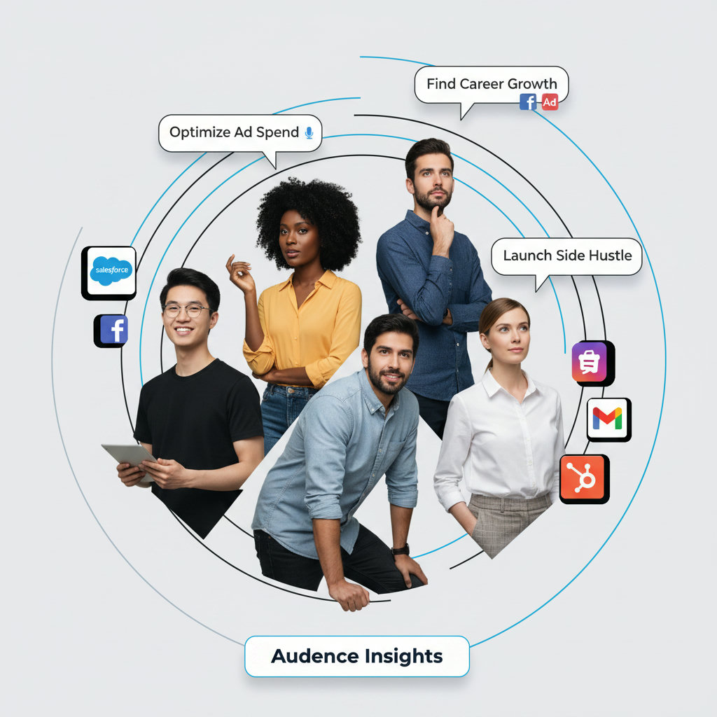 A diverse group of people, each with unique characteristics and thought bubbles representing their pain points, aspirations, and different digital 'watering holes' (e.g., social media icons), illustrating the concept of audience segmentation and persona development.