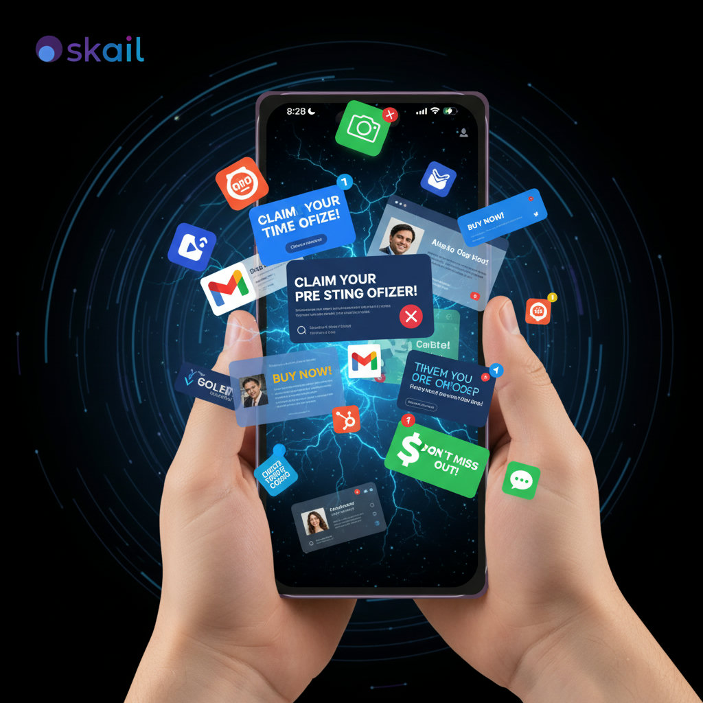A visual metaphor depicting a 'digital chaos' or 'information overload' where various advertisements, pop-ups, and social media icons aggressively vie for attention, creating a cluttered and overwhelming environment for a consumer.