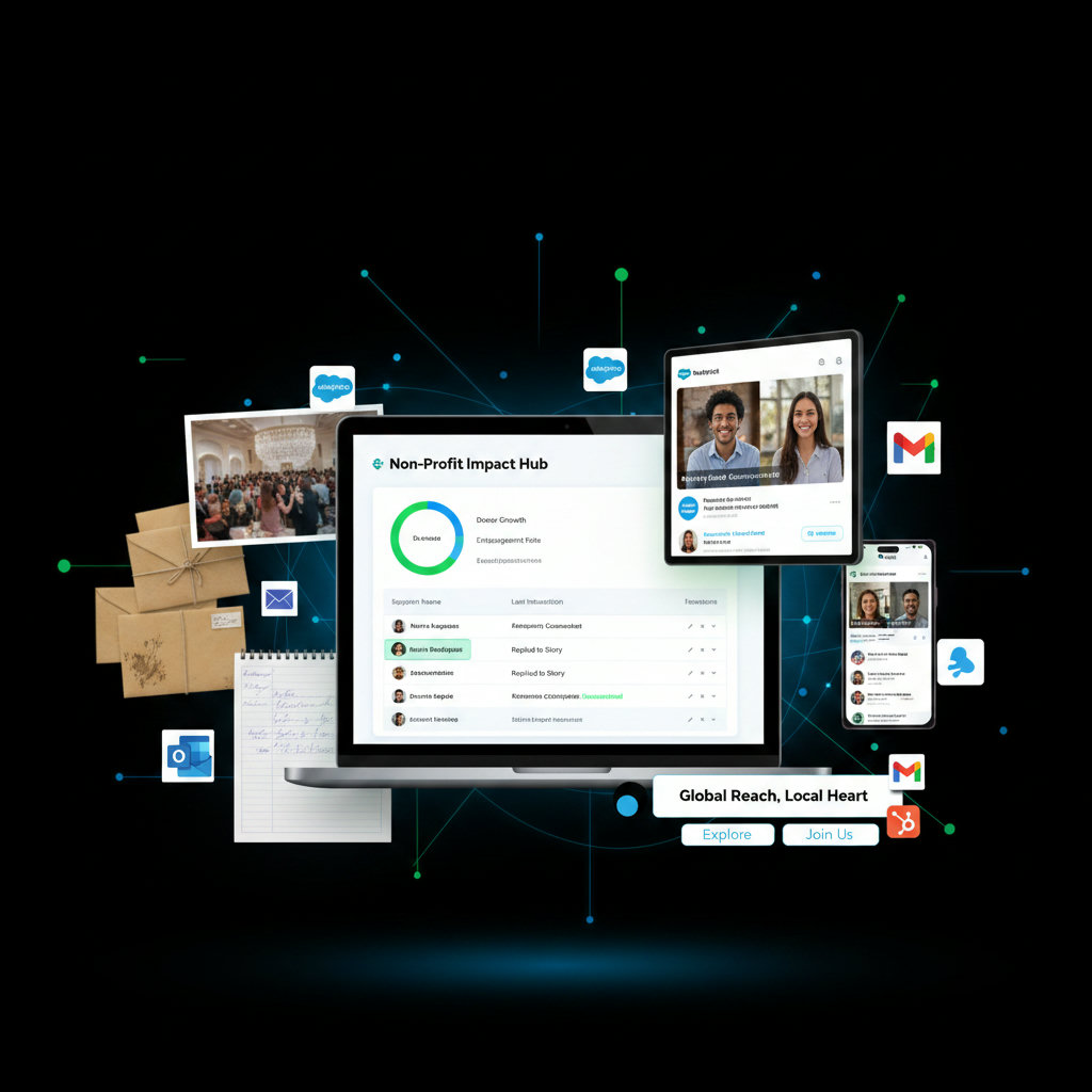 An image illustrating the digital transformation of non-profit outreach, contrasting old methods (mailers, galas) with new digital tools (online platforms, social media). It could show a non-profit organization's 'virtual headquarters' thriving in a hyper-connected digital landscape, symbolizing growth and amplified reach.