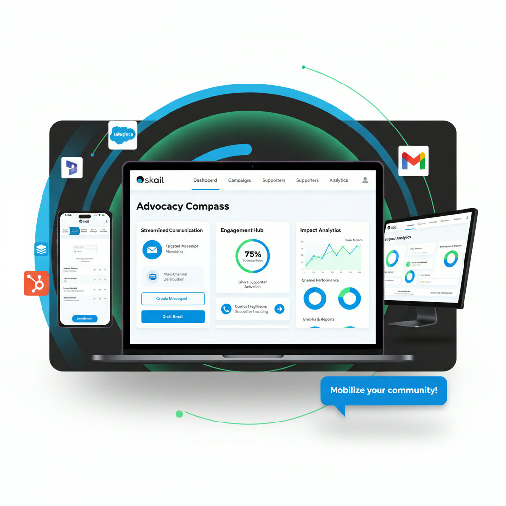 An image representing the core features of an effective advocacy platform. This could be a modern, intuitive dashboard showing streamlined communication tools (e.g., targeted messaging, multi-channel distribution), engagement features (e.g., call-to-action buttons, supporter tracking), and analytics (e.g., graphs, impact measurement). The focus should be on the platform as a 'compass and map' for digital advocacy.