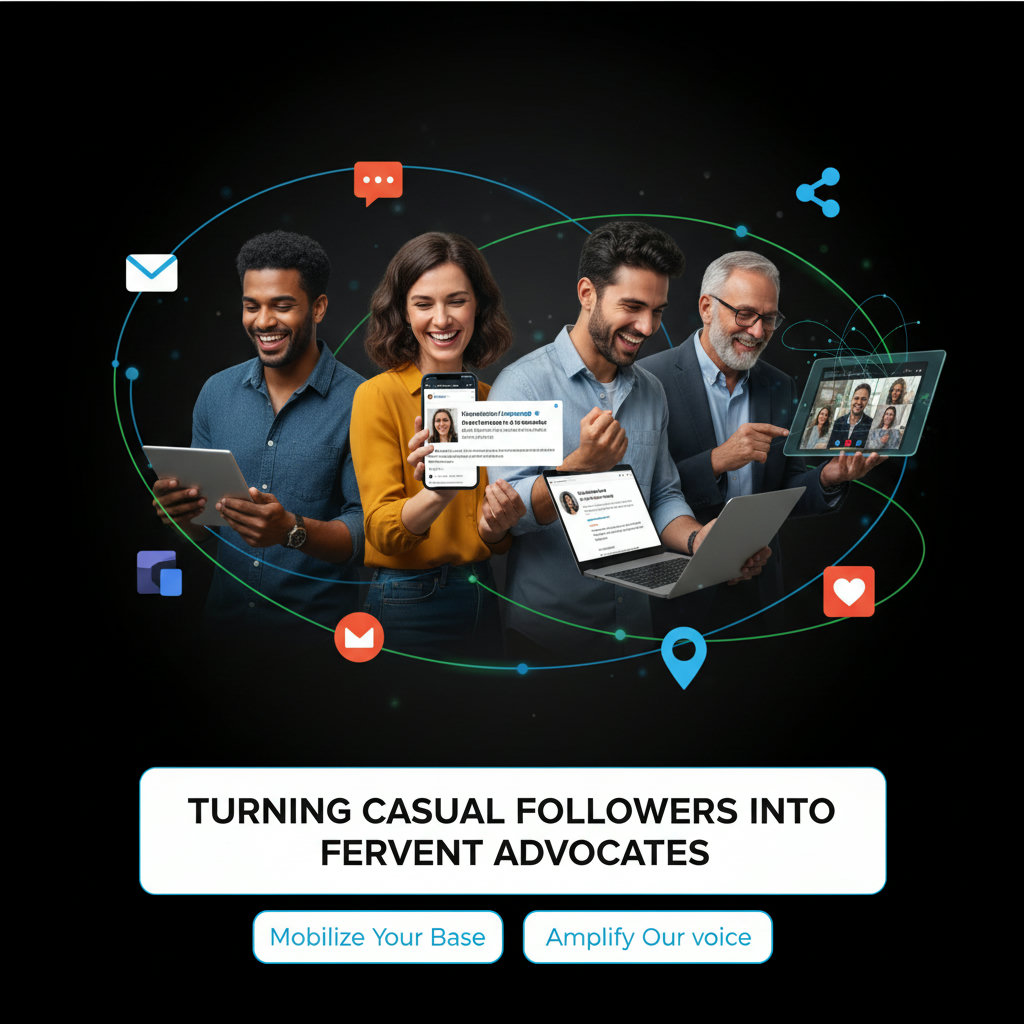 An image showing a powerful advocate network, where individuals (volunteers, board members, supporters) are actively sharing content and amplifying a non-profit's message across various digital channels. This could depict a collaborative effort, with people enthusiastically spreading awareness and mobilizing others, symbolizing 'turning casual followers into fervent advocates.'