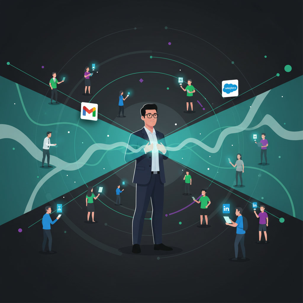An employee, depicted as a beacon or lighthouse, radiating light or information, reaching out to a diverse network of people (friends, family, industry peers) represented by a scattered audience. The light symbolizes information and brand messages.