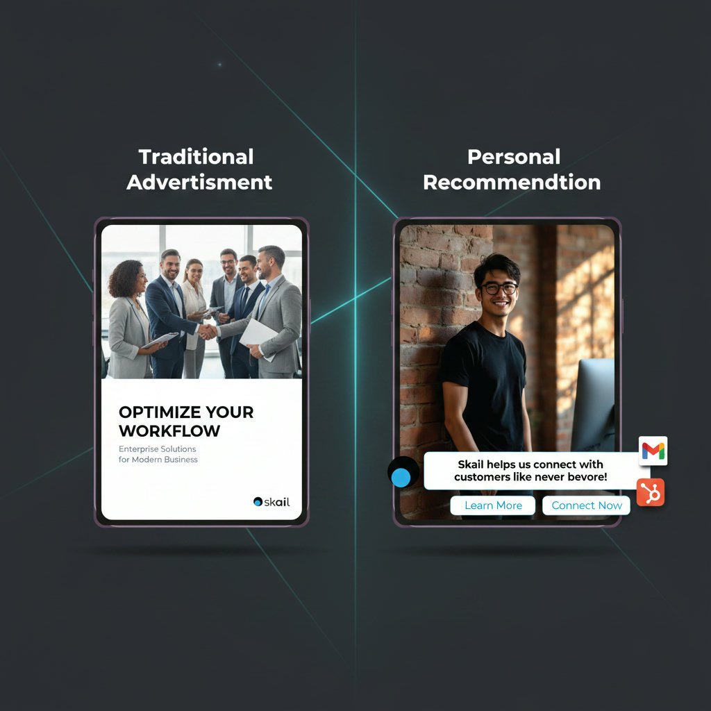 A comparison showing a slick, traditional advertisement (perhaps a billboard or magazine ad) that looks generic and less effective, contrasted with an authentic, personal recommendation from a smiling, relatable employee. The employee's message should appear more trustworthy or impactful.