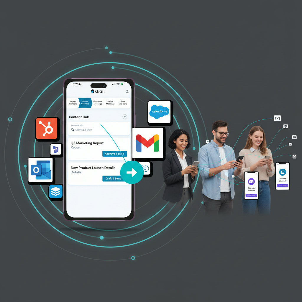 An illustration showing a streamlined, user-friendly platform (like Skail mentioned in the article) with a simplified interface. Content is flowing easily to employees, who are then sharing it effortlessly with their networks via a single click, showing a clear, efficient process.