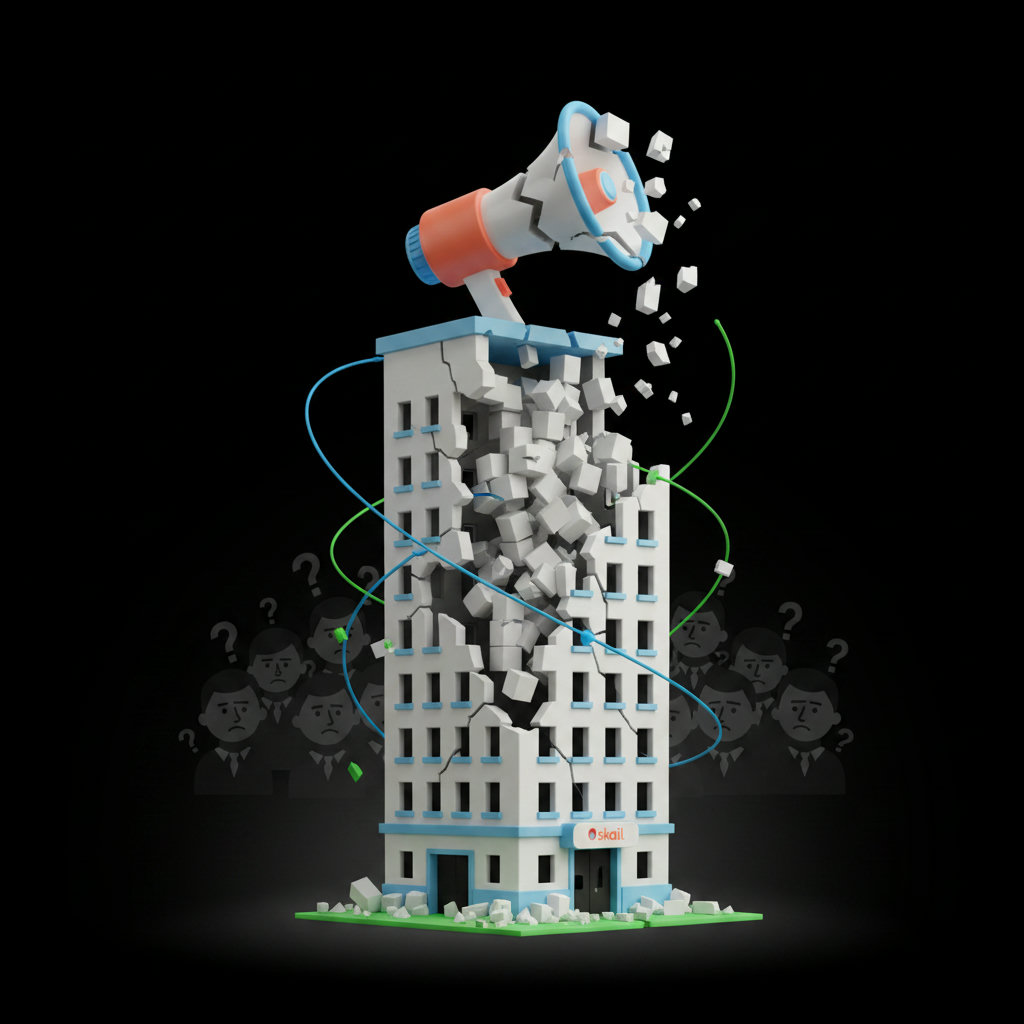 An image depicting the erosion of traditional trust in marketing. Perhaps a crumbling facade of a corporate building or a broken megaphone, with skeptical eyes or a questioning crowd in the background.