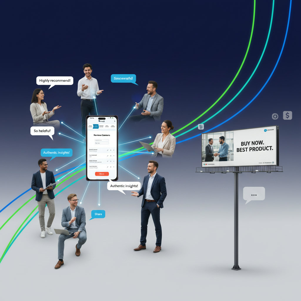 A visual representation of peer influence and authenticity. This could be a network of diverse individuals sharing genuine recommendations, perhaps through connected speech bubbles or light beams, contrasting with a solitary, less effective advertisement.