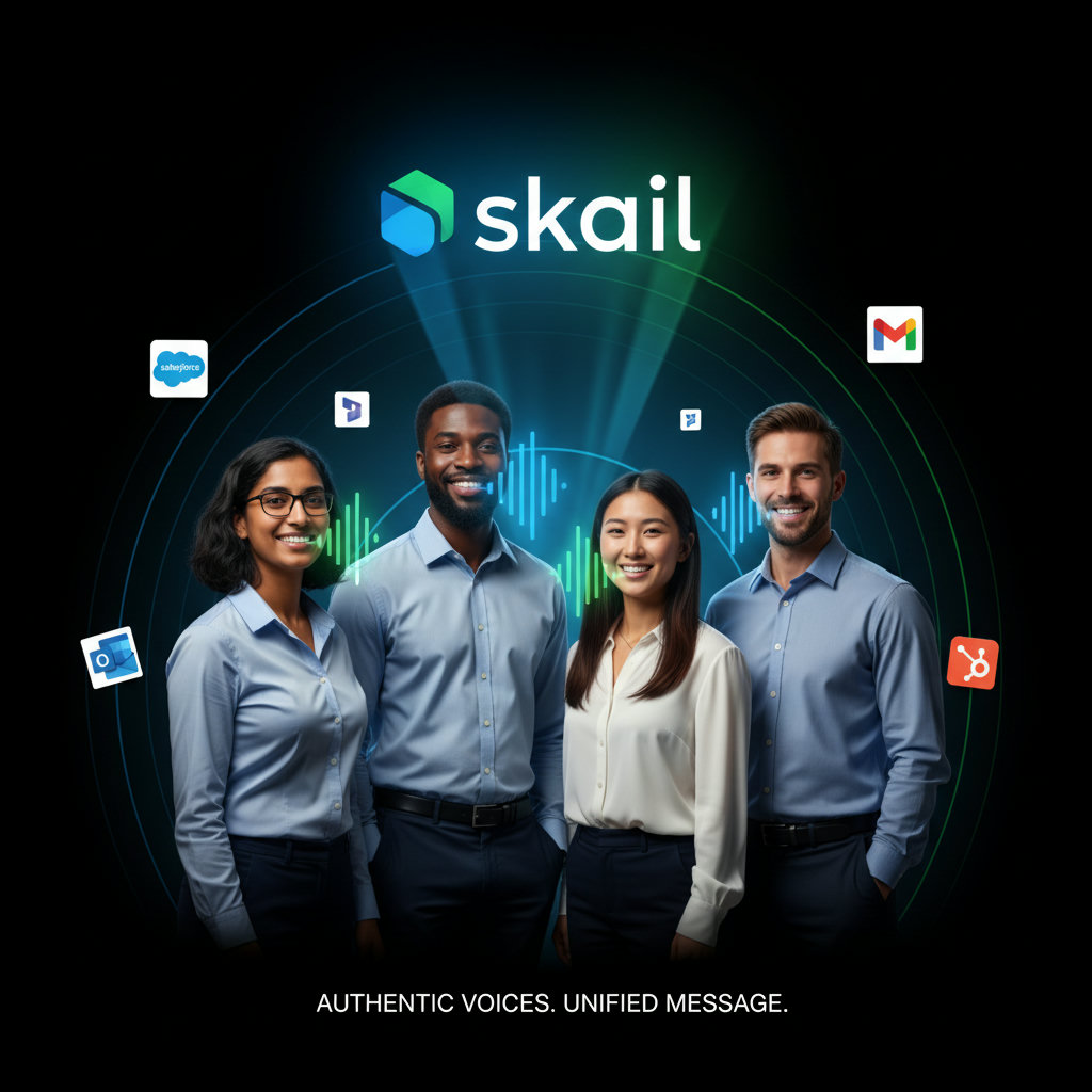 An image illustrating employees as brand ambassadors. Show a diverse group of employees confidently sharing their company's message, perhaps with a shining brand logo emerging from their collective voices, symbolizing empowerment and authenticity.