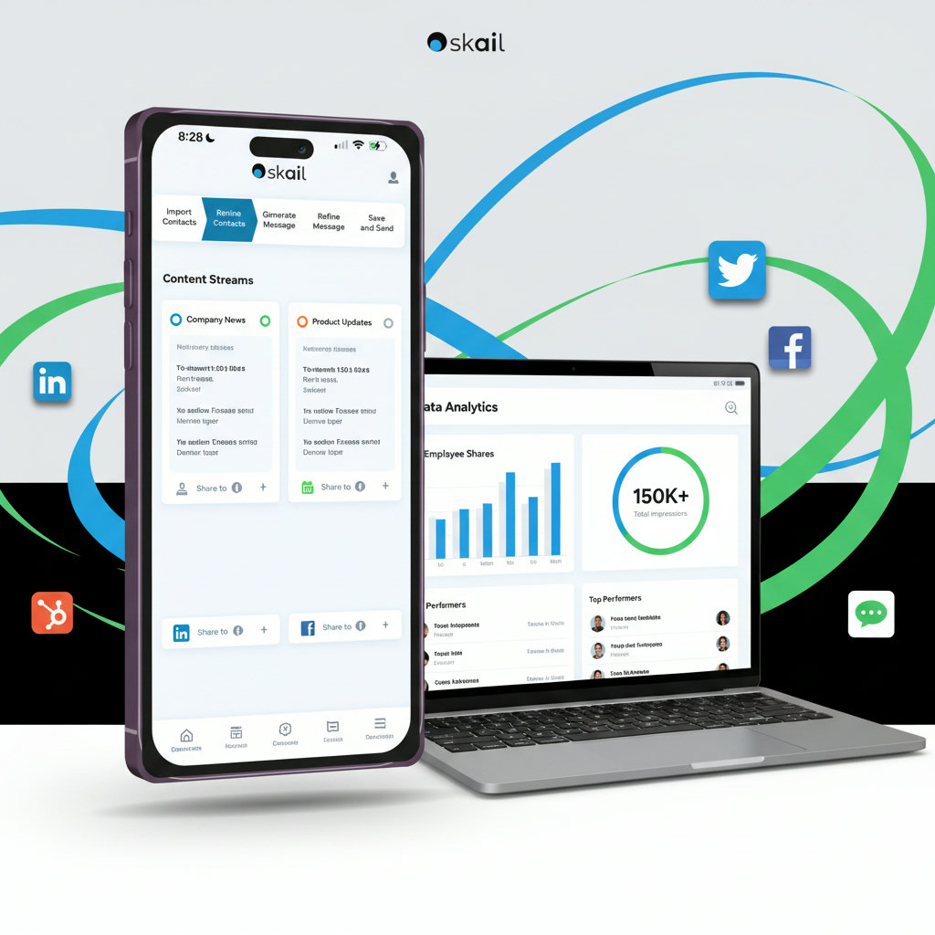 A graphic depicting technology streamlining employee advocacy. This could show an AI-powered platform with various content streams, easy sharing icons, and data analytics dashboards, all simplifying the process for an employee.