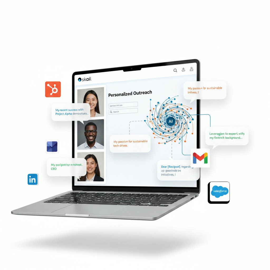 An AI-powered system analyzing different employee profiles (diverse faces, perhaps with thought bubbles showing unique voices/styles) and generating personalized, authentic messages for each, instead of generic corporate speak. Visualize AI learning individual tones and experiences.