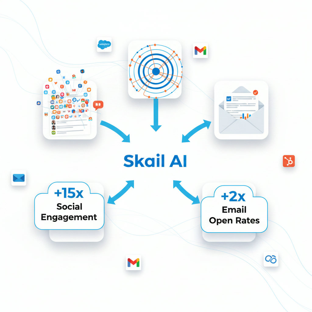 A visual representation of the quantifiable impact: a central graphic showing 'Skail AI' with diverging arrows pointing to different metrics like '+15x Social Engagement' (represented by a bustling social media feed), '+10x Social Reach' (a radiating network expanding outwards), and '+2x Email Open Rates' (an open email with high engagement indicators).