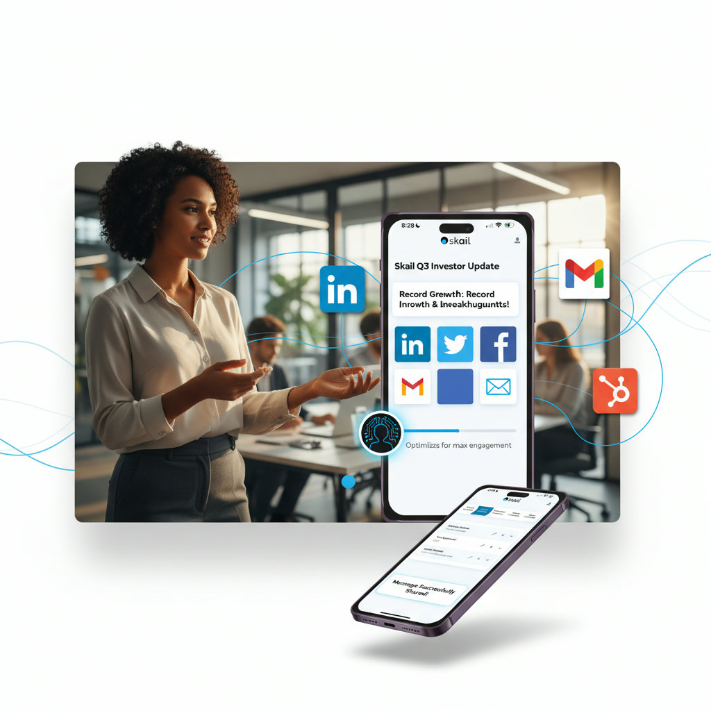 An image demonstrating the ease of multi-platform sharing: an employee (diverse, professional) easily sharing content (a brand message) across multiple social media icons (LinkedIn, Twitter, Facebook) and an email icon, all connected by a streamlined, automated process, perhaps with AI elements guiding the flow.