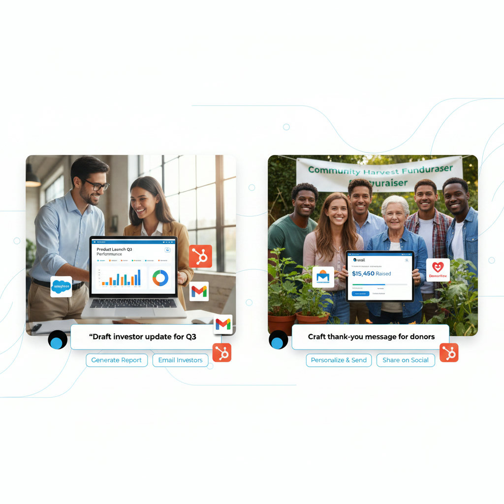 A split visual showing the versatility of Skail AI. On one side, a B2B SaaS context with product launch graphics, sales dashboards, and professional interactions. On the other side, a non-profit context with volunteers, community events, and fundraising efforts, both empowered by the same AI advocacy tool.