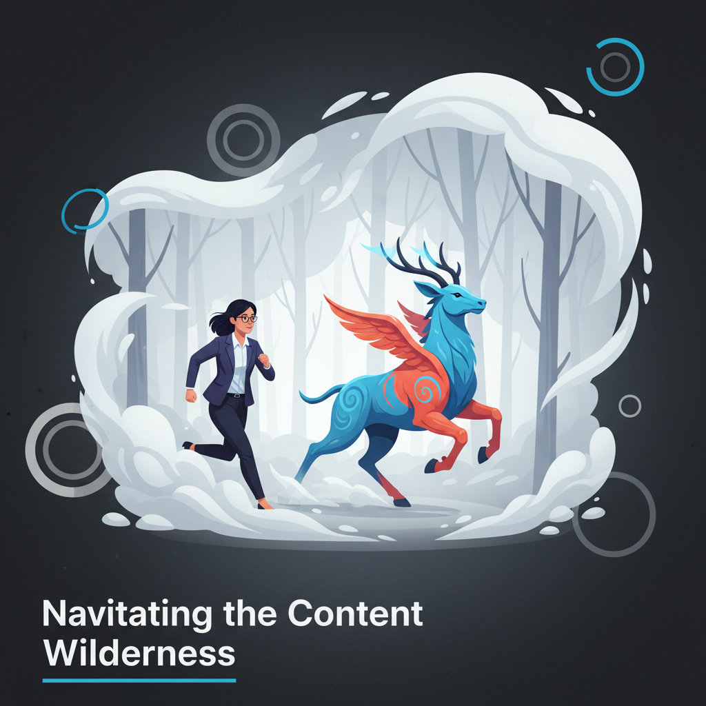 A majestic mythical beast (representing content strategy) being chased through a dense, fog-laden forest, with a determined individual in pursuit. The fog should evoke a sense of challenge and uncertainty.