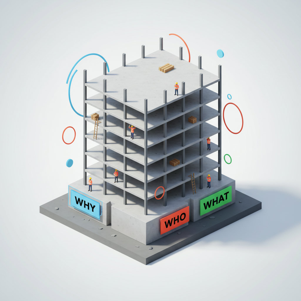 A multi-story building under construction, with a strong foundation being laid. The foundation blocks should be labeled with 'Why,' 'Who,' and 'What,' symbolizing the core elements of strategic content.