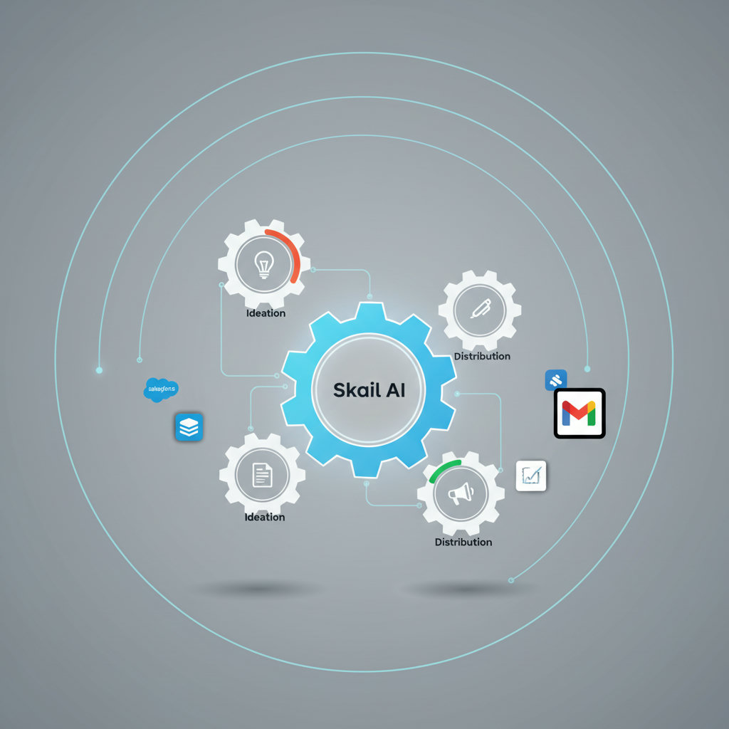 A well-oiled machine or interconnected ecosystem with various gears or components labeled with stages of content strategy: 'Ideation,' 'Creation,' 'Distribution,' 'Measurement.' Skail AI could be depicted as a central, powerful component enhancing the system.