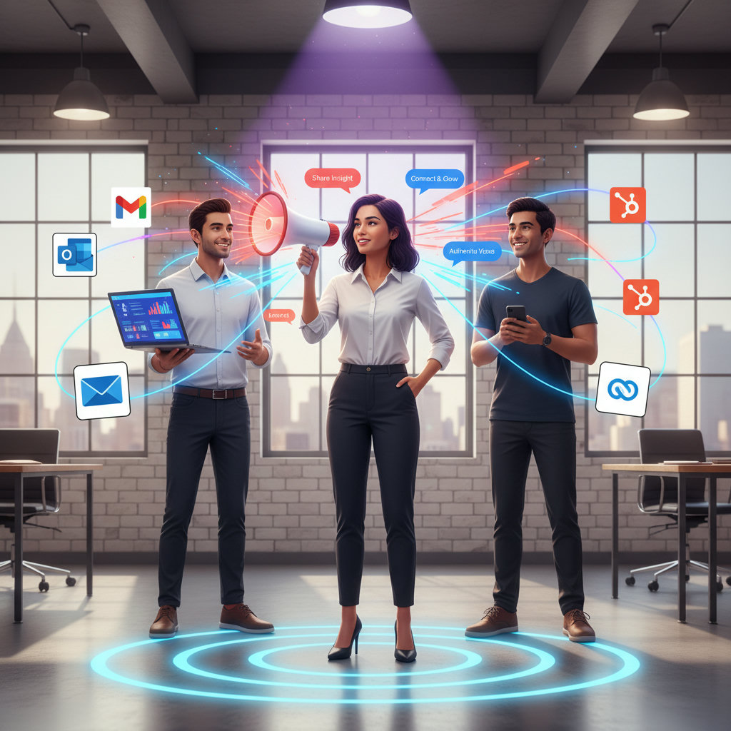 A visual representation of an employee transforming into an influencer, perhaps with a megaphone or spotlight, radiating authenticity and brand message. This could show a person's individual voice amplifying a corporate message naturally.