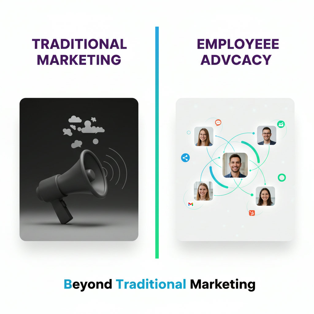 An image contrasting traditional, generic marketing (e.g., a loudspeaker shouting into a void) with authentic employee advocacy (e.g., a network of diverse, human faces sharing messages organically). This highlights the 'Beyond Traditional Marketing' concept.