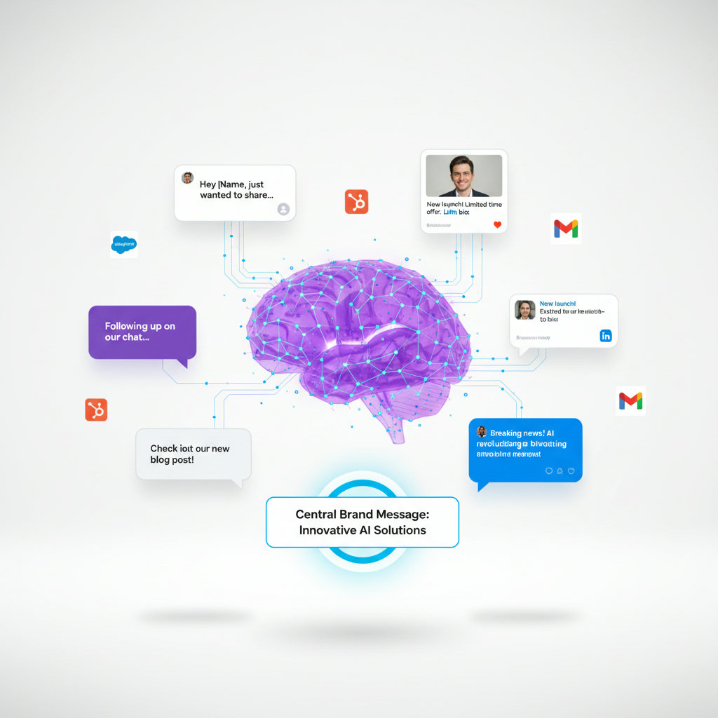 Visualize Skail AI's core function: AI models personalizing brand messages. This could be represented by a brain-like AI system 'learning' individual styles, then showing diverse speech bubbles or social media posts, each with a unique, human touch, stemming from a central brand message.