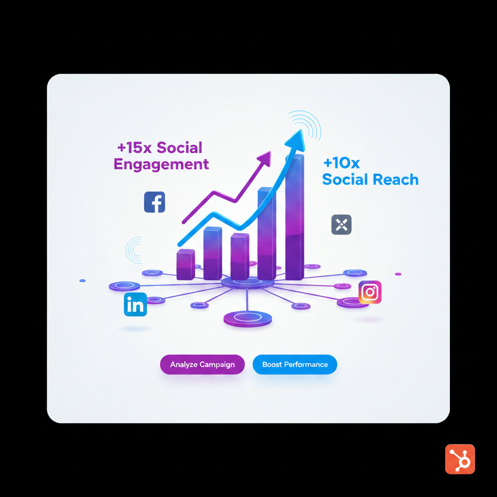 A dynamic infographic showing quantifiable benefits like '+15x Social Engagement' and '+10x Social Reach' with rising graphs or expanding networks, illustrating the significant impact of Skail AI on social metrics.
