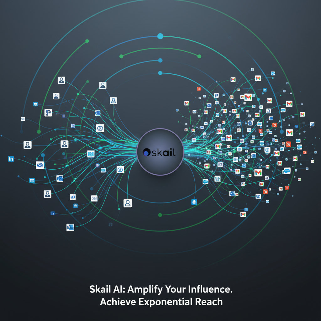 Show the exponential growth and expanded reach achieved by Skail AI, perhaps with multiple connected networks emanating from a central brand, each representing an employee's influence, leading to a much wider audience than a single brand channel.