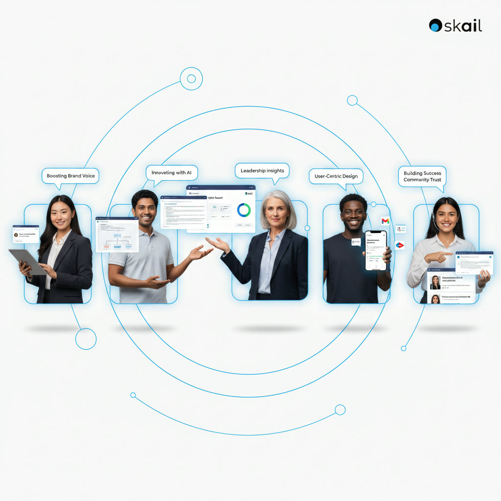 Illustrate employees as 'micro-influencers' or 'thought leaders' within a business context. This could be a diverse group of employees, each with a spotlight on them, confidently sharing content relevant to their expertise, contributing to the company's overall authority.