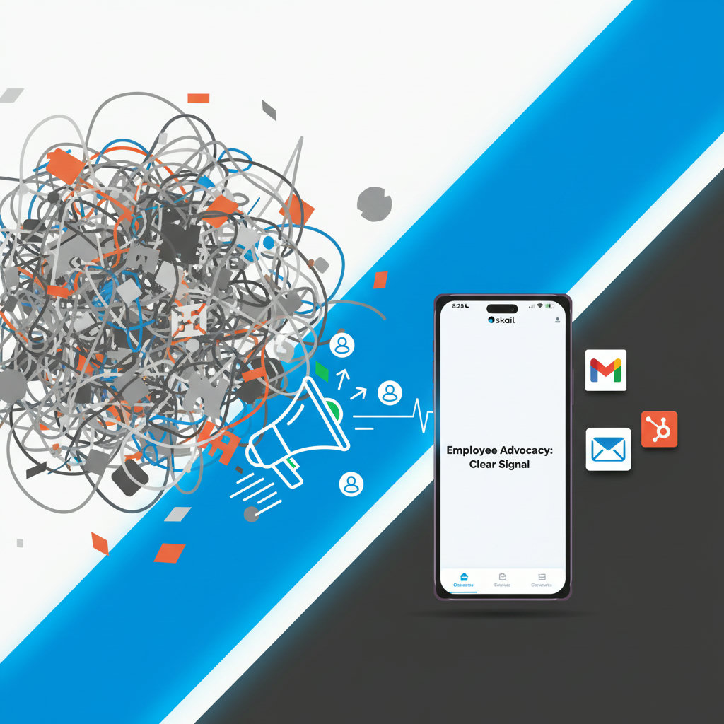 Depict a stark contrast between traditional, cluttered marketing channels (represented by noise or a tangled mess) and the clear, authentic signal of employee advocacy cutting through it, perhaps with a clear path or beacon.
