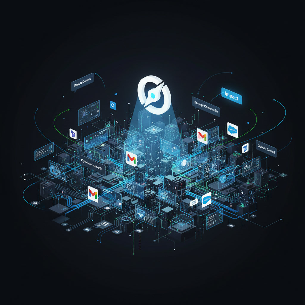 A visual metaphor for 'navigating the digital frontier' or 'marketing landscape' for non-profits. This could be a non-profit organization (represented by a guiding light or a compass) navigating a complex, bustling digital city or a maze of online platforms, highlighting the challenge and necessity of strategic marketing tools.